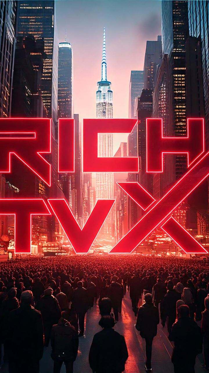 The RICH TVX logo above a red city of light